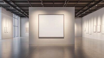 Modern minimalist art gallery showcases empty frame with soft lighting and spacious layout