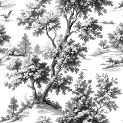 Black And White Woodland Landscape Seamless Pattern