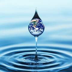 Earth droplet on water, ripples, environmental conservation concept