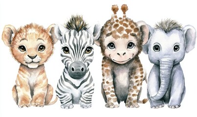Fototapeta premium Adorable baby safari animals lion, zebra, monkey, elephant, white background, nursery decor