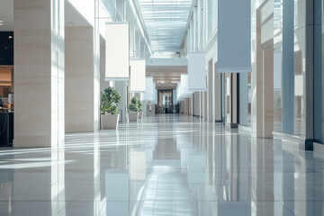 Obraz premium Empty banners hanging in a modern hallway with bright lighting and polished floors
