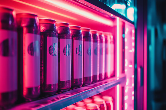 Vending machine filled with colorful canned drinks in a neon-lit environment at night