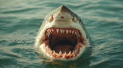 Naklejka premium Great white shark emerging from water with open jaws and teeth