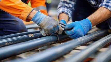 Workers Installing Pipes for Construction Site.