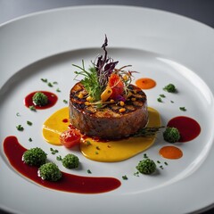 An elegantly plated gourmet dish with vibrant ingredients, artistically presented on a glossy white plate.