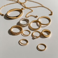 A minimalist flat-lay of luxury gold jewelry, including rings and bracelets, arranged elegantly on a white surface.