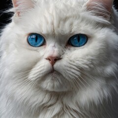 A pure white Persian cat with striking blue eyes gazing directly at the camera against a seamless white background.