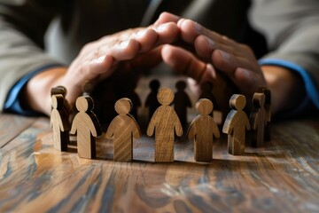 Business Success Concept on Wooden Table Top View Hands Protecting Wooden Figures of People
