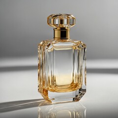 A crystal-clear glass perfume bottle with golden accents, reflecting soft light on a pristine white surface.