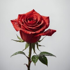 A single vibrant red rose with delicate dewdrops on its petals, set against a pure white background.