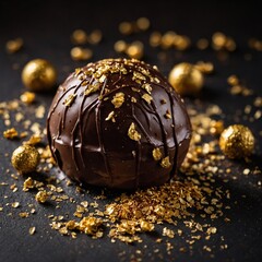 A gourmet chocolate truffle with a glossy finish, sprinkled with edible gold flakes.