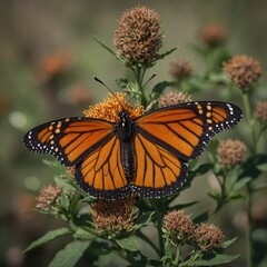 A close-up of a monarch butterfly with vivid orange and black wings, perched gently on an invisible surface.