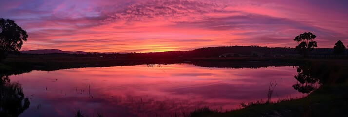 Obraz premium Vibrant pink and purple sunset over a lake. Scenic landscape with water reflection and silhouetted trees creating a peaceful evening scene.