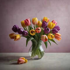 A colorful bouquet of tulips in shades of pink, yellow, and purple, arranged in a simple glass vase.