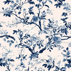 Blue and White Floral Seamless Pattern with Branches and Leaves