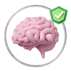 3d human brain icon with shield, check mark isolated. brain care prevention treatment concept, 3d illustration render