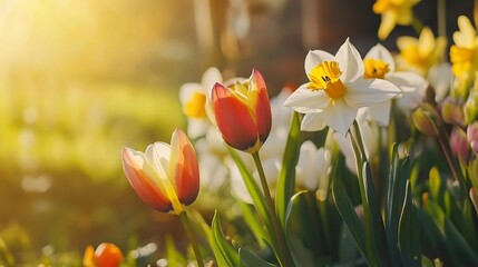 Obraz premium Vibrant tulips and daffodils in the foreground with a dreamy spring garden backdrop, perfect for Easter or spring-themed designs, with copy space.