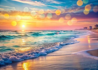 Fototapeta premium Serene Pastel Destin Beach Sunrise: Calm Waters, Soft Bokeh, Early Morning Tranquility