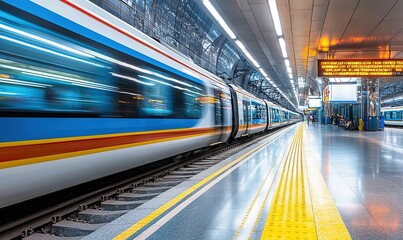 Obraz premium Blurred subway train arriving at a modern station platform
