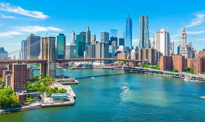 Fototapeta premium Brooklyn Bridge, NYC Skyline on a sunny day with boat traffic