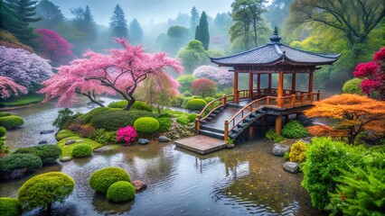 Serene Rain: Japanese Garden Gazebo and Cherry Blossoms Stock Photo