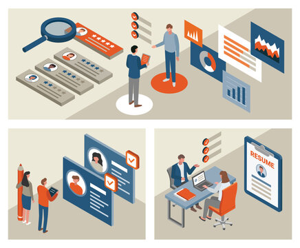 Recruitment process set with isometric business people employees isolated vector illustration