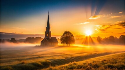 Obraz premium Serene Sunrise: Church Steeple Bathed in Golden Light - Stock Photo