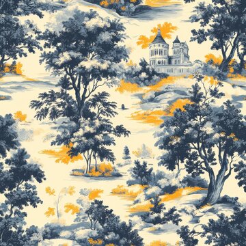 Blue and Yellow Toiles de Jouy Landscape Pattern