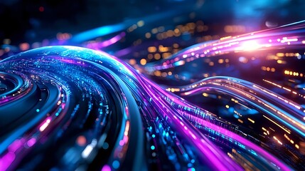 Abstract Neon Cityscape, Futuristic Data Flow - Futuristic Technology