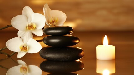 Tranquil Spa Scene with Black Stones, White Flowers, and Candlelight
