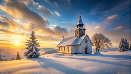 Serene Winter Church: Snow Covered Chapel in Peaceful Landscape