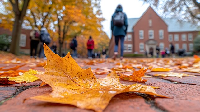 Autumn leaves on brick walkway, students walking by campus building. Possible use Stock photo for fall season, education, or nature