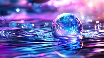 Neon Globe on Water: Abstract Tech Background - Abstract backgrounds