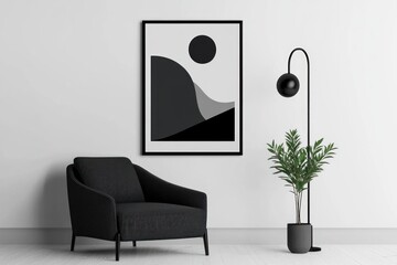 Monochrome abstract art print in modern living room.