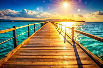 Obraz premium Serene Wooden Pier Walkway Extending to Calm Water - High-Resolution Stock Photo