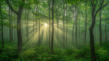 Fototapeta premium Sunlight streams through lush green trees in a vibrant forest at dawn, creating a glowing ambiance
