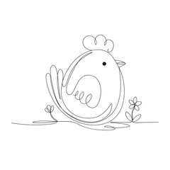 Chicken on lawn with flowers in art line style on white background. Chick walking on grass. Easter chicken is drawn with single line. 