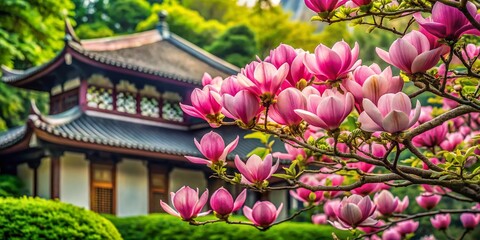 Shanghai Spring: Pink Magnolia Blossoms Against Lush Greenery