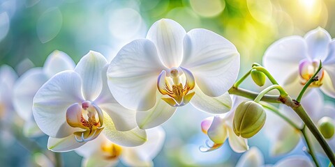 A breathtaking macro photograph showcasing a stunning white orchid in full bloom.