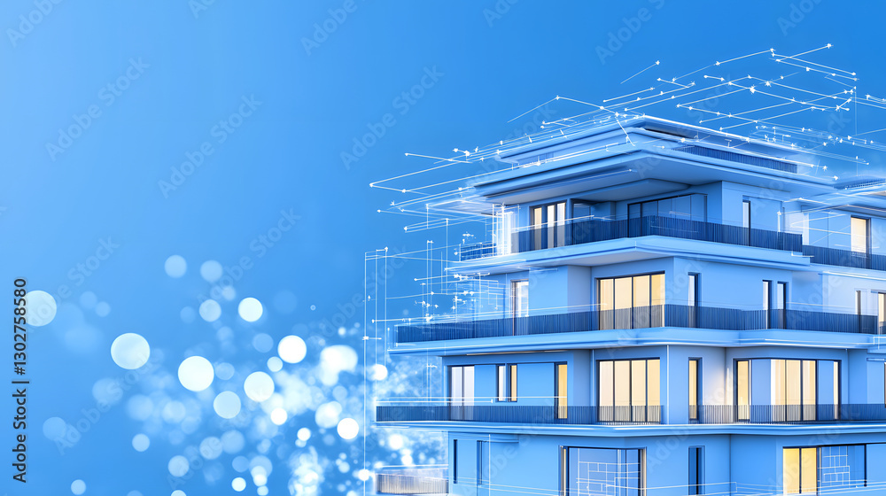 Poster modern building with digital elements on a blue background