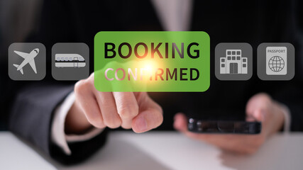 Business booking confirmation online digital service buy flight check order hotel travel concept