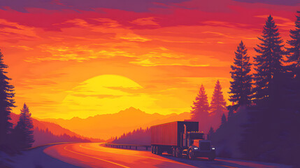 Vibrant sunset over a highway with truck and silhouette of trees