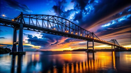 Obraz premium Silhouette Bridge at Dusk: Dark Blue Sky, Connecting Land Masses