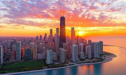 Fototapeta premium Chicago skyline sunrise, aerial view with vibrant sky and lakefront