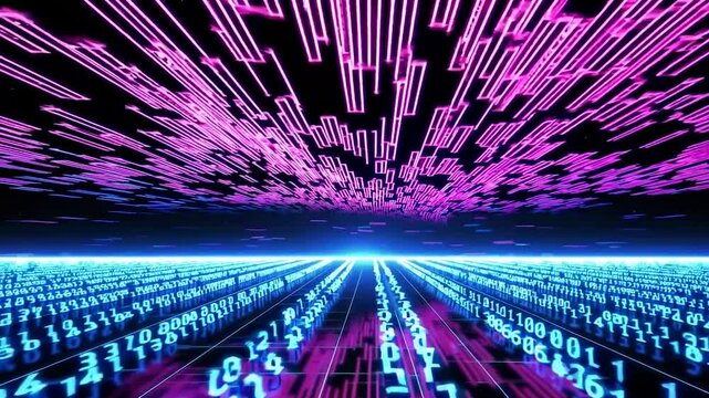 A futuristic digital landscape with flowing binary code in vibrant blue and pink hues. The scene conveys a sense of technology and data movement, with glowing lines and a reflective surface
