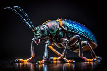 Fototapeta premium Silhouette Macro Photography: Black Insect Close-Up, Detailed Bug Profile, Dark Nature, Wildlife Silhouette