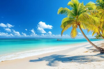 Palm trees on the caribbean tropical beach. Saona Island, Dominican Republic. Vacation travel background
