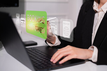 Business booking confirmation online digital service buy flight check order hotel travel concept