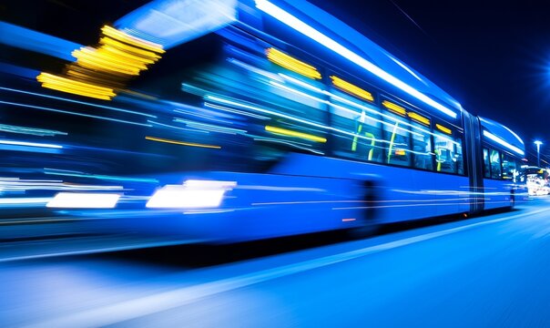 City bus at night with motion blur, ideal for transportation themes