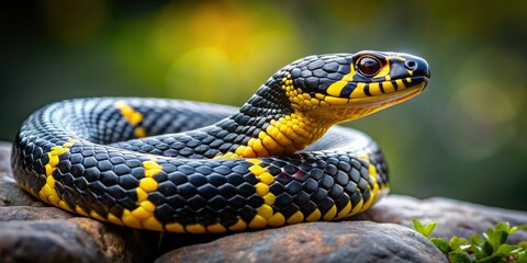 Fototapeta premium A long exposure reveals a striking black and yellow snake amidst colorful rocks.